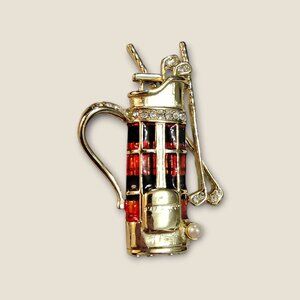Danecraft Golf Bag Brooch Red & Black Enamel Gold-Tone Rhinestones Pearl Accent